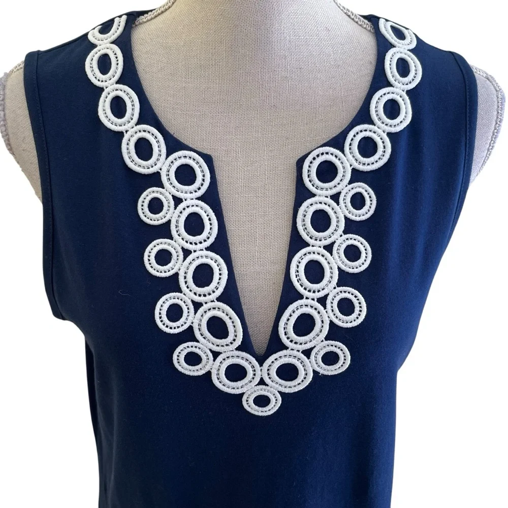 Lands' End Navy Blue Cotton Jersey Sleeveless Split Neck Shift with White Trim S